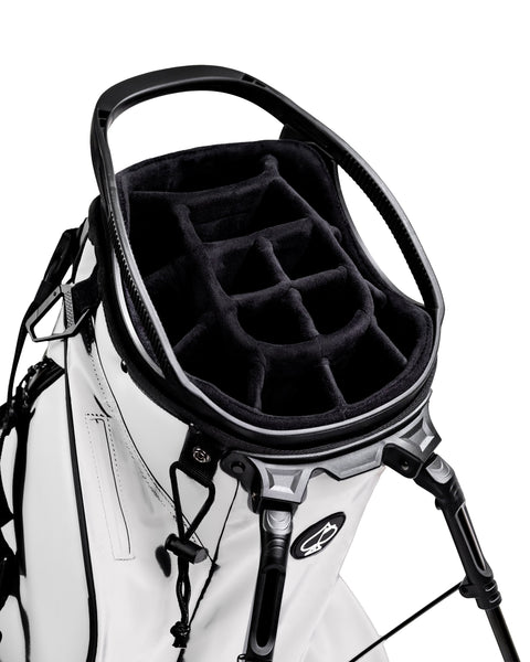 Player Preferred™ Golf Bag in Domino design, featuring a 14-slot top, multiple pockets, and a stylish black and white pattern.