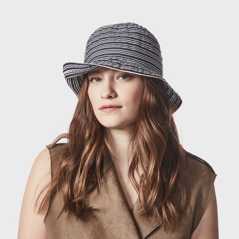 Brizo Ribbon Cloche Hat with Stripes Beige