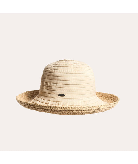 Cally Ribbon Cloche Hat With Raffia Straw Beige