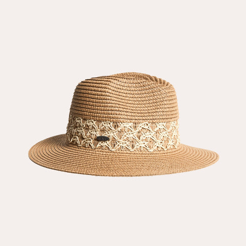 Fia - Paper Straw Ferdora Hat With Lace Trim - Caramel