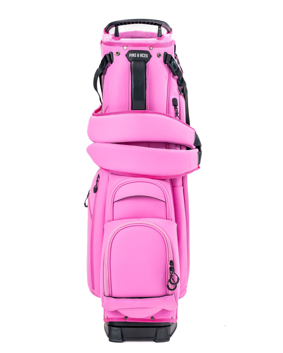 Bold pink Player Preferred Golf Bag from Pins and Aces features multiple pockets and a stylish design for standout performance.